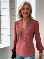 V-neck Lace Paneled Long Sleeve Casual Shirt Blouse