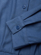Midi Linen Dress, Half Sleeves, Shawl Collar, Plain, Button Design, Vintage, Dark_blue