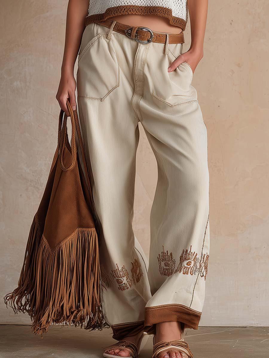Retro Western Versatile Beige Cropped Jeans Pants