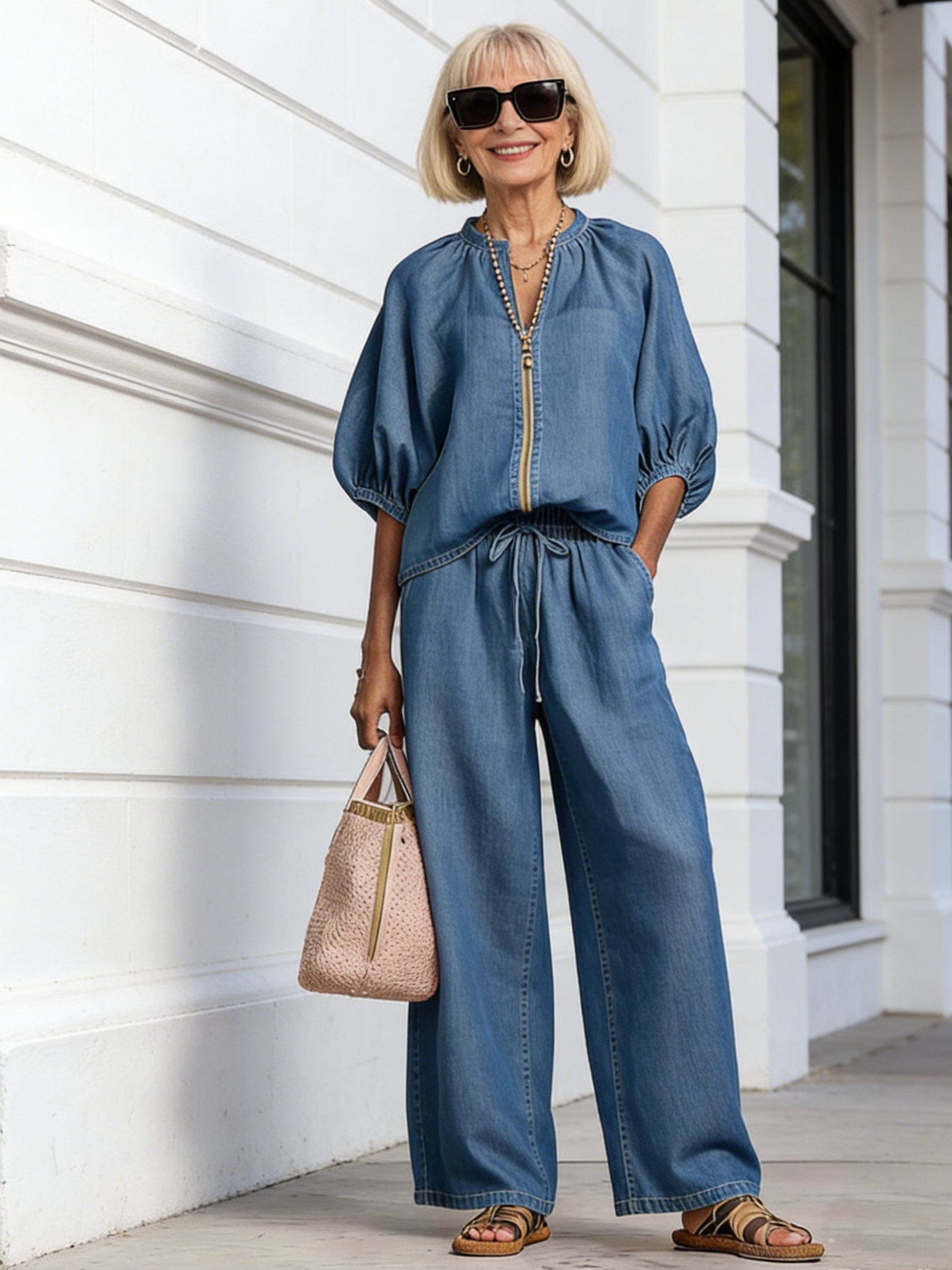 2Pcs Women's Casual Loose Solid Color Zipper Round Neck Wide-leg Pants Suit Women