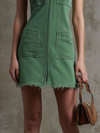Casual Retro Zipper Sleeveless Green Denim Frayed Mini Dress