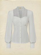 Linen Shirt, Long Sleeves,  Plain, Lace, French Vintage, White