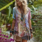 Classy Vintage Floral Splicing Cotton And Linen Short Sleeve T-shirt
