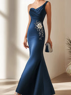Navy Blue Satin Gown with Side Embroidery and Pleated Hem