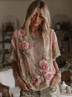 Women's Vintage Floral Art Linen Crew Neck Comfy T-shirt