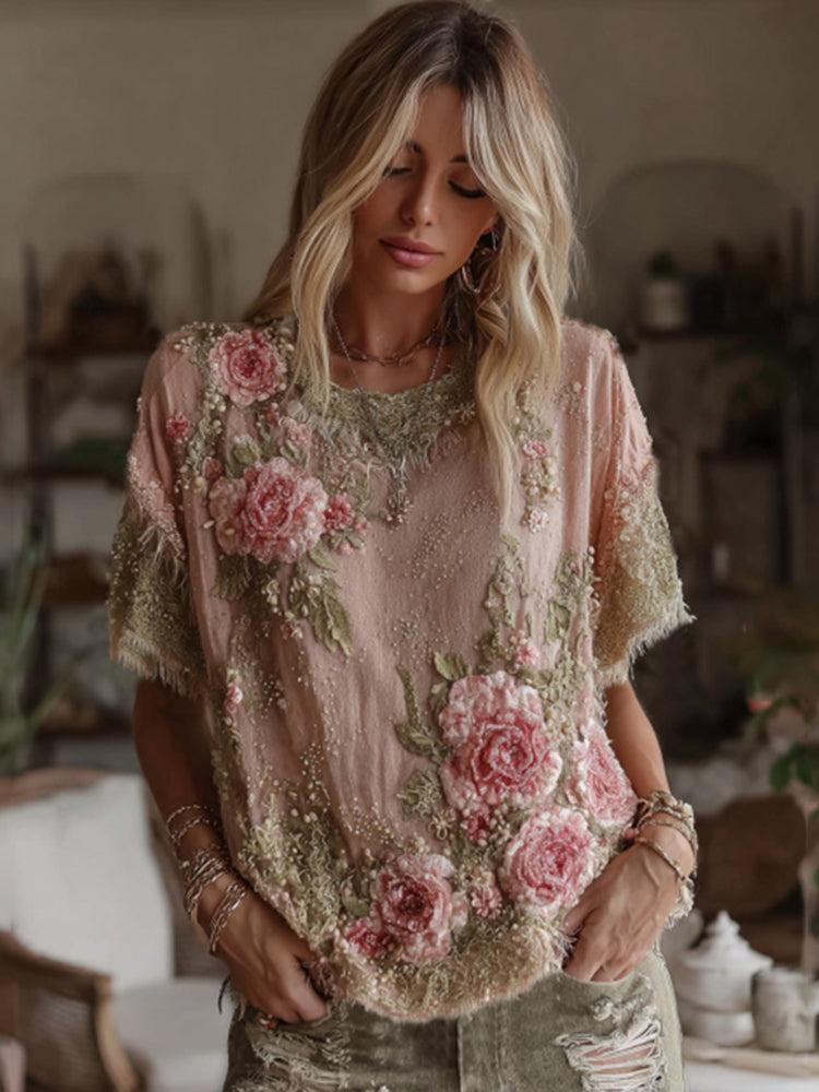 Women's Vintage Floral Art Linen Crew Neck Comfy T-shirt