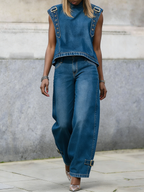 Stylish Casual Stand-collar Straps Denim Shirt