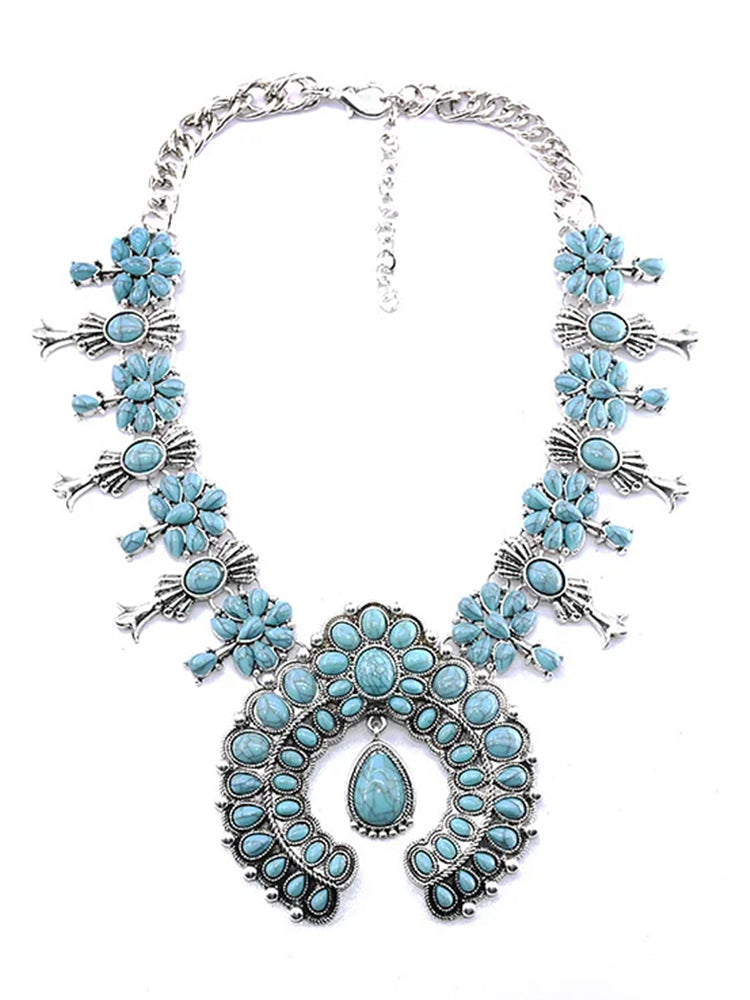 Boho Turquoise Flower Pendant Alloy Necklace