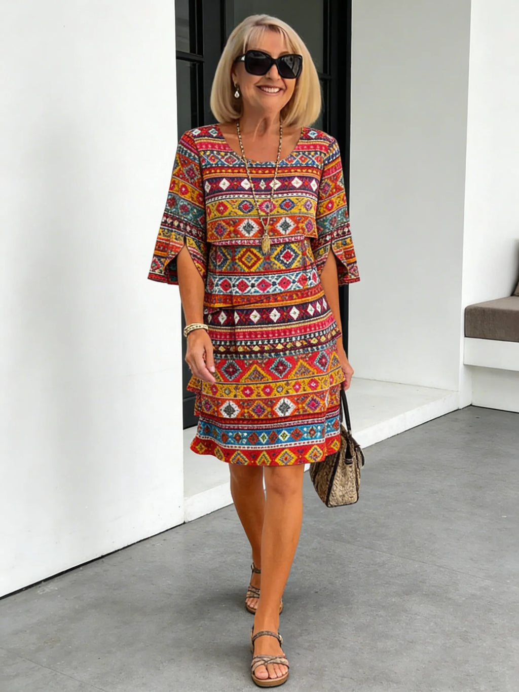 Chiffon Paisley Vacation Prints Color Round Neck Cake Skirt Splicing Dress Mid-length