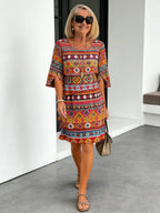 Chiffon Paisley Vacation Prints Color Round Neck Cake Skirt Splicing Dress Mid-length