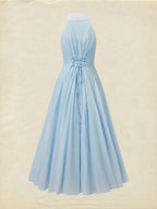 Maxi Linen Dress, Sleeveless, Shawl Collar, Plain, Button Design, Vintage, Blue