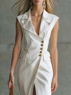 Retro Western Lapel Collar Asymmetrical Placket Front Buttons White Denim Slit Midi Dress