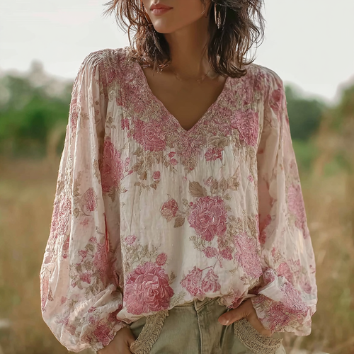 Bohemian Style Pink Floral Design V-neck Long-sleeve Top2