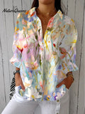 Women's  Pastoral Flower Art Print Casual Linen V-neck Shirt