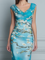 Draped Cowl Neck Floral Bodycon Maxi Dress