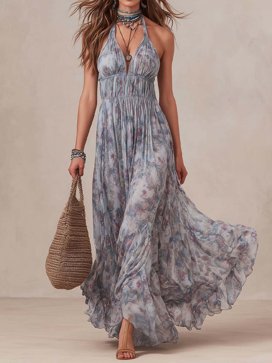 Bohemian Halter Smocked Floral Tiered Maxi Dress