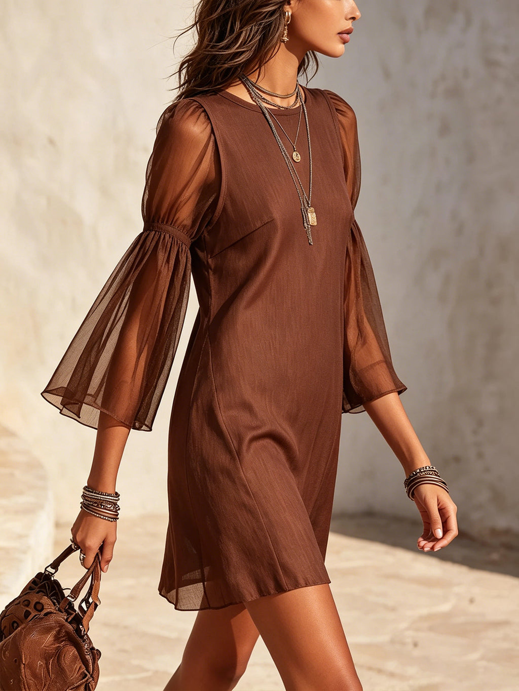 Brown Sheer Bell Sleeve Cotton-Linen Mini Dress