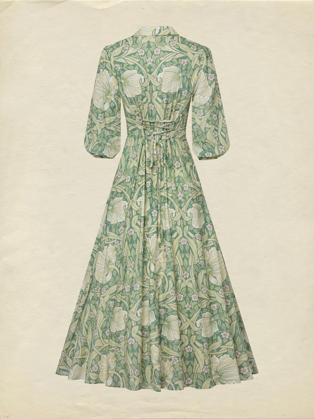 Maxi Linen Dress, Half Sleeve, Lapel Collar, Paisley, Button Design, Vacation, Vintage, Green