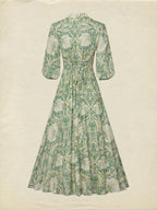 Maxi Linen Dress, Half Sleeve, Lapel Collar, Paisley, Button Design, Vacation, Vintage, Green
