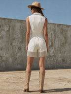 Western Bohemian Retro Fringed White Denim Sleeveless Shorts Jumpsuit