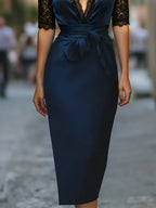 Elegant Lace-Trim V-Neck Belted Midi Dress