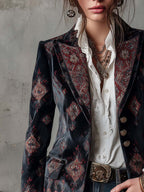 Retro Ethnic Print Polyester Velvet Mid-length Blazer