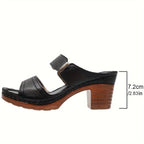 Women's Solid Color Stylish Sandals, Soft Sole Casual Chunky Heel Summer Slides, Double Bands Casual Shoes