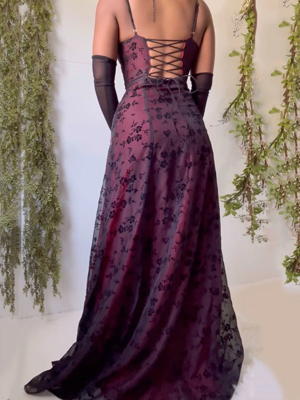 Flower Printed gauze Sleeveless Spaghetti-Neck Bandage Maxi Dresses Fairytale Dress