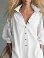 Casual Western Lapel Front Buttons Mesh Sleeves White Denim Mini Dress