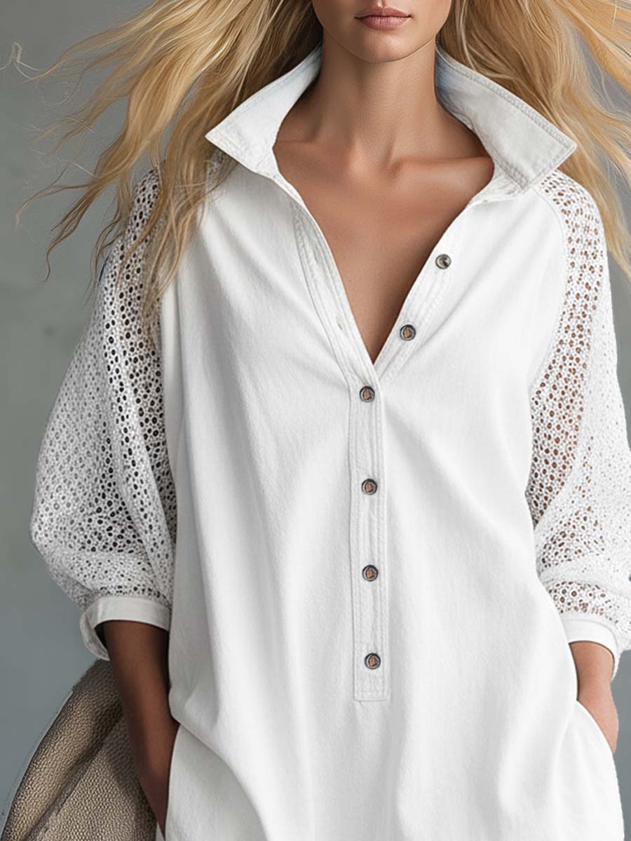 Casual Western Lapel Front Buttons Mesh Sleeves White Denim Mini Dress