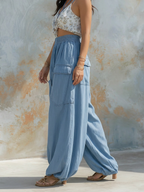 Light Blue Denim High Waist Wide Leg Cargo Pants