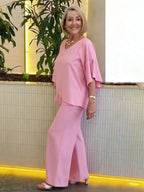 2Pcs Gray Double Layer Tunic Pantsuit