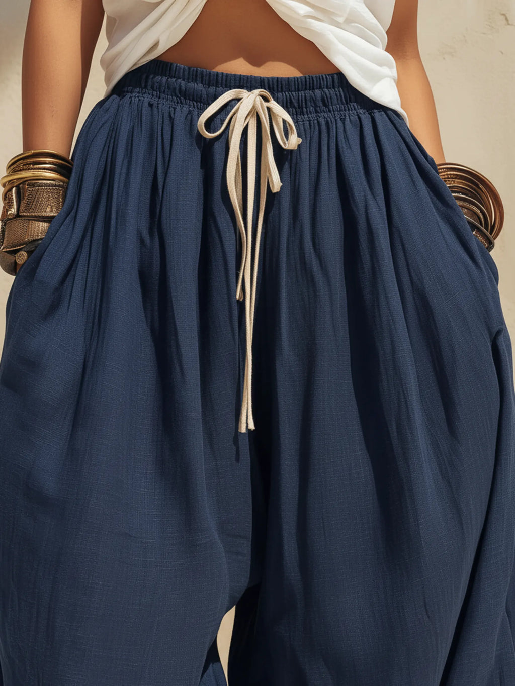 Navy Blue Linen Drawstring Harem Pants