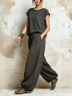 Dark Grey Oversized Linen Blend Harem Pants & Cap Sleeve Top Set