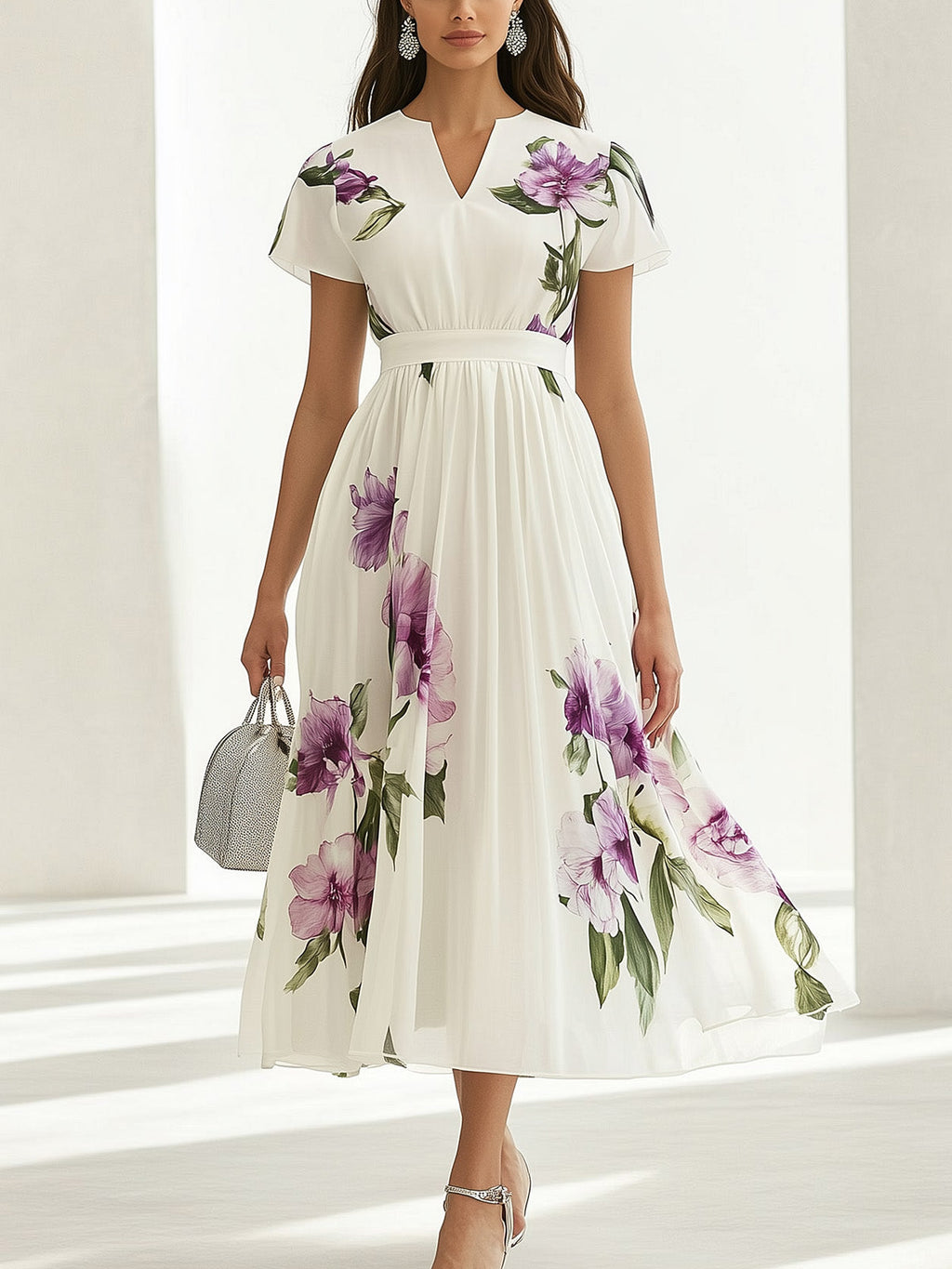 Elegant White Chiffon Floral Print A-Line Dress