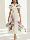 Elegant White Chiffon Floral Print A-Line Dress