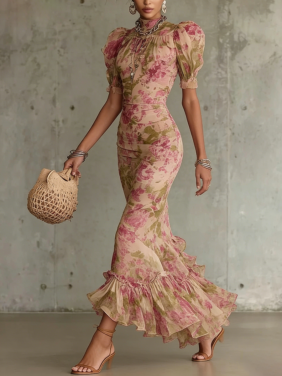 Elegant Vacation Party Floral Print Halterneck Stretch Maxi Dress