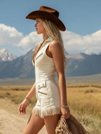 Retro-style Collared Long Zipper Denim Sleeveless Short Jumpsuit