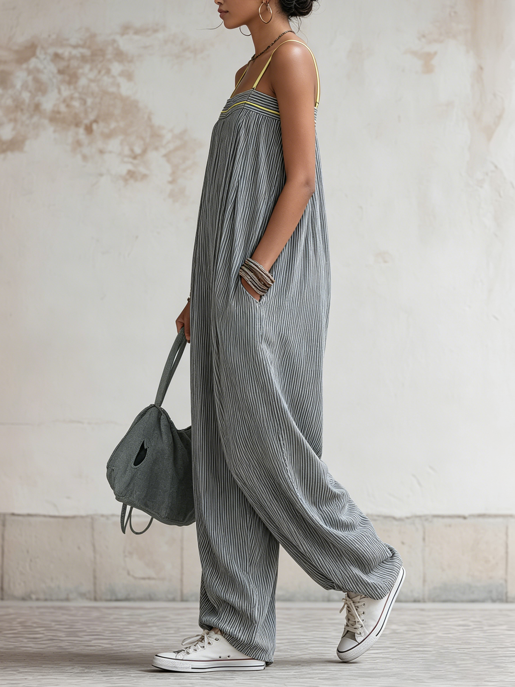 Striped Linen-Blend Balloon Jumpsuit With Contrast Straps