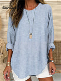 Women's Retro Striped Design Loose Long Sleeve Crew Neck Top