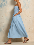 Blue & White Striped Strapless Maxi Dress | Casual Chic Pocket Detail Sundress