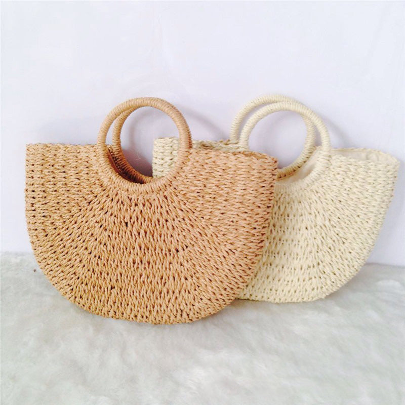 Straw Bag Versatile Women's Bag Casual Round Bucket Woven Straw Bag Vacation Beach Bag