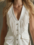 Retro V-neck Tassel Double Pocket Denim Sleeveless Mini Dress