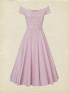 Midi Cotton Dress, Sleeveless, Off The Shoulder, Plain, Lace, French Vintage, Pink