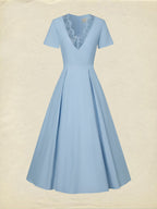 Maxi Linen Dress, Short Sleeves, V Neck, Plain, Lace, Vintage, Blue