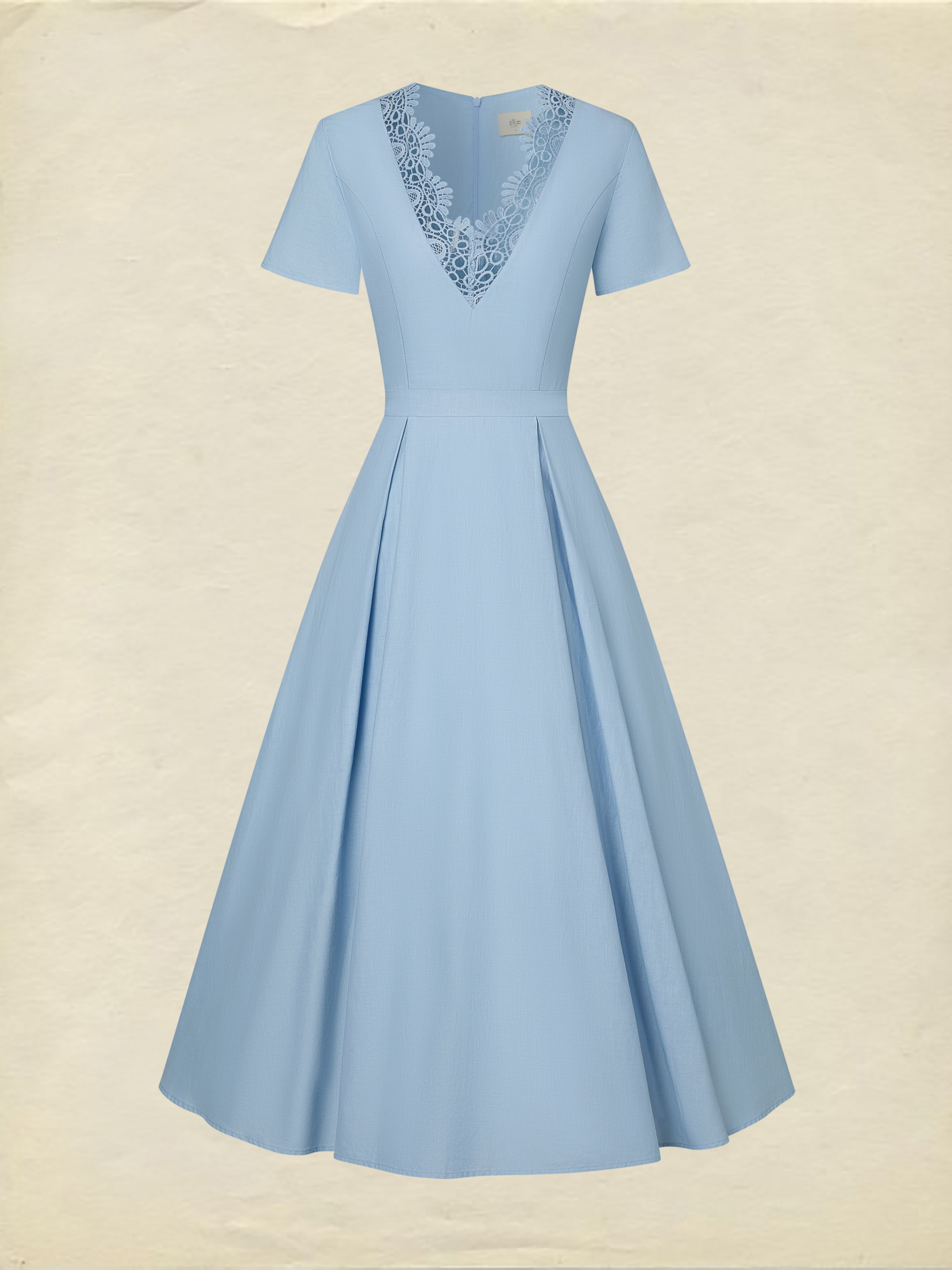 Maxi Linen Dress, Short Sleeves, V Neck, Plain, Lace, Vintage, Blue