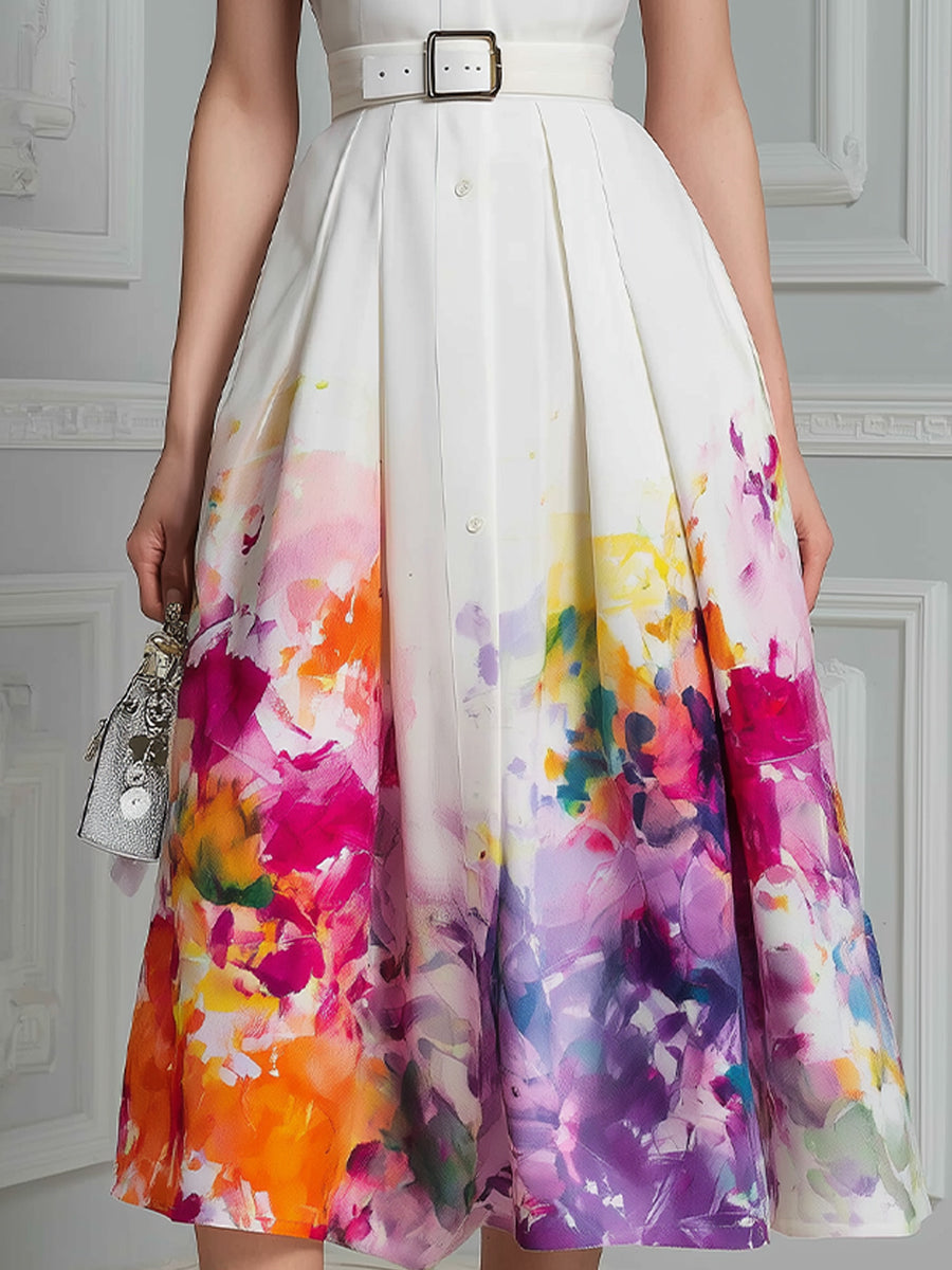 Collared Button-Front Floral A-Line Midi Dress With Belt