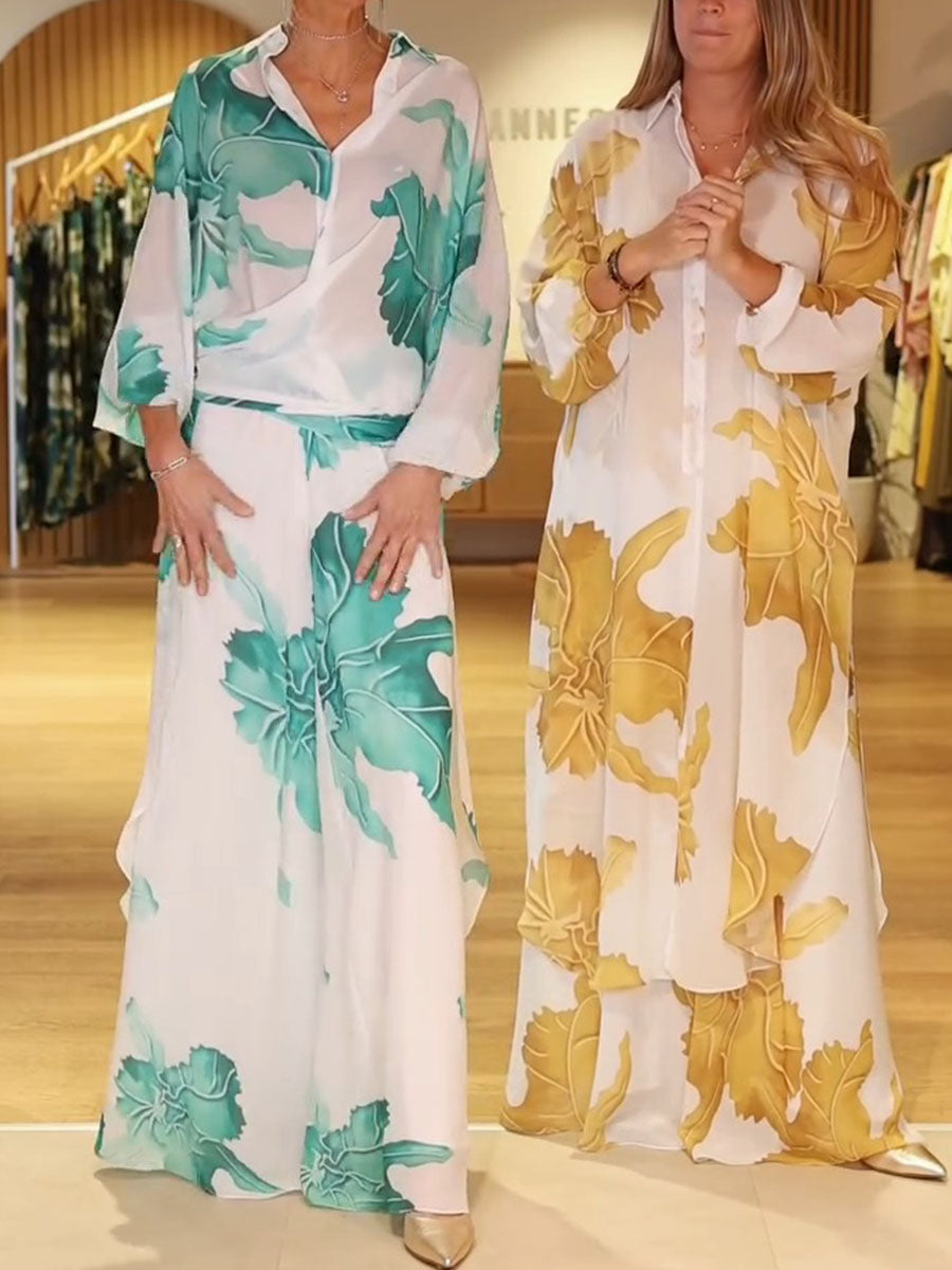 Women's Chiffon Printed Two-piece Set: Collared Long-sleeve Loose-fit Top & High-waisted Wide-leg Pants