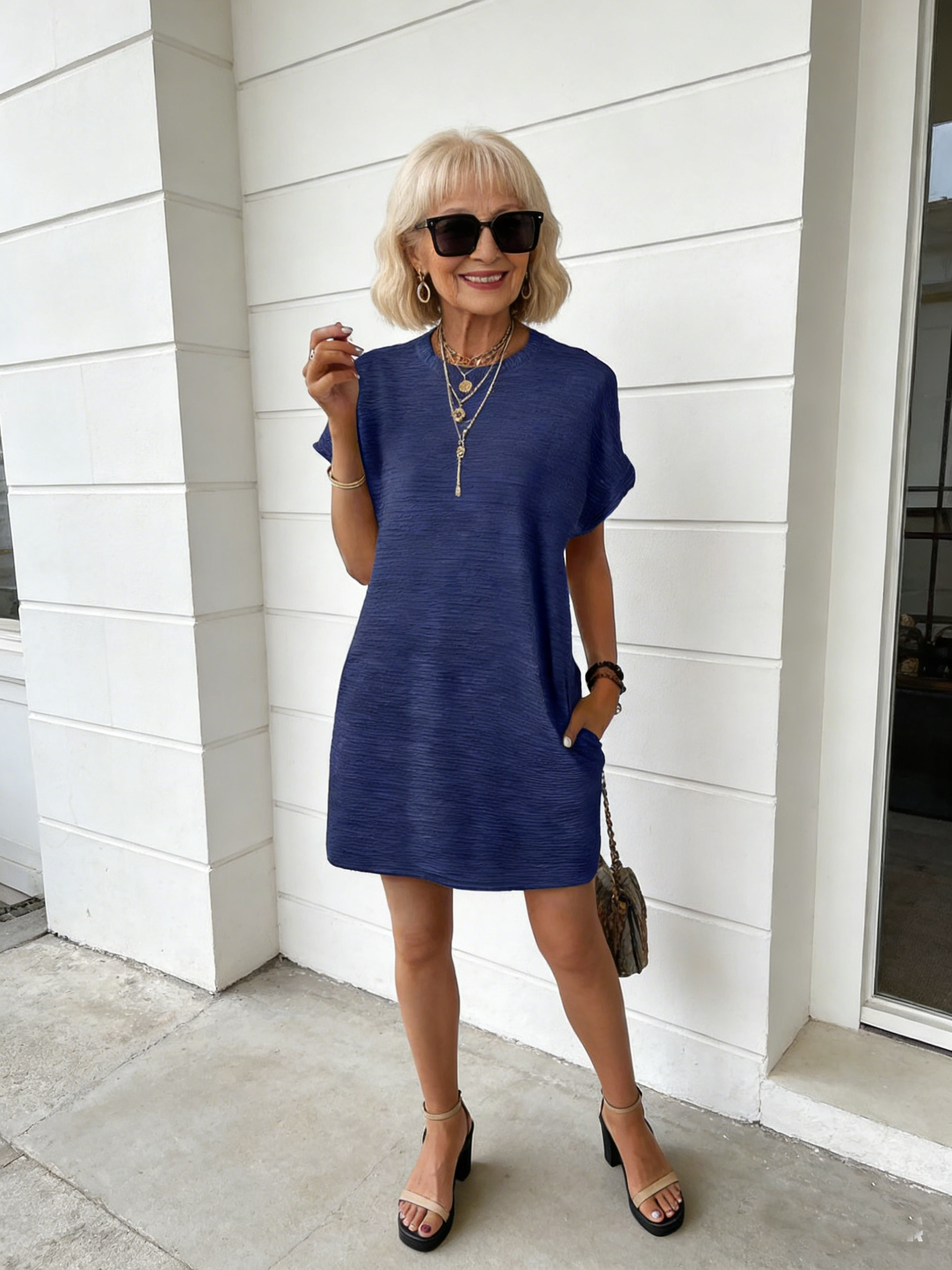 Cotton Loose Crew Neck Pocket Solid Color Short Sleeve Dress Women