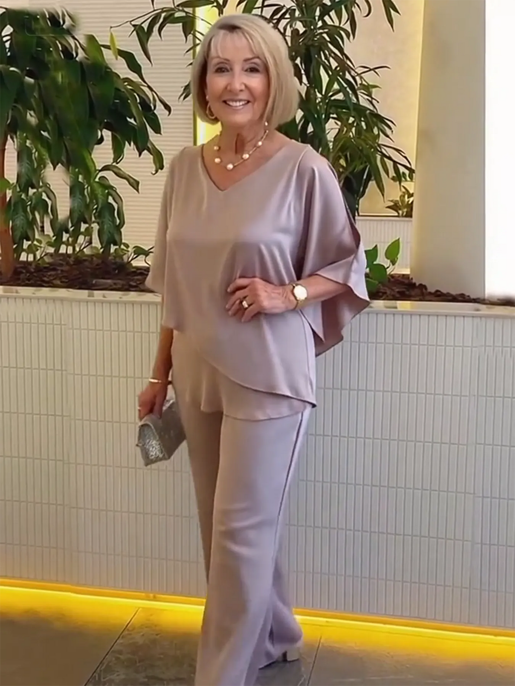 2Pcs Gray Double Layer Tunic Pantsuit